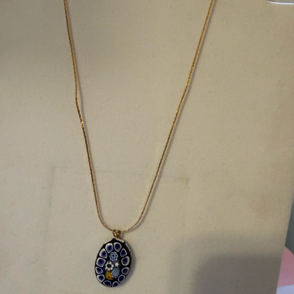 Napier Gold Tone Millefiori Art Glass Pendant Necklace Blue Floral Murano Style